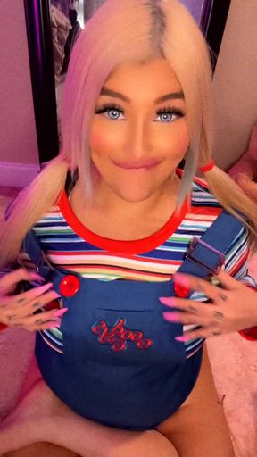 Blonde woman in blue overalls
