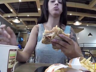 Hot brunette hair, Shayenne Samara is showing her firm boobs in a public place, just for enjoyment