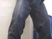 Hunk spews out huge load on the floor, in pvc boilersuit and rubber gloves