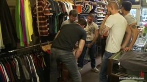 Cocky Stud Gets Gangbanged in a Clothing Store