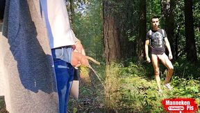 On a walk in the forest, long pissing under a tree