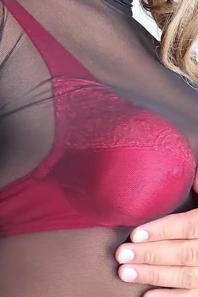 Red Bra and Black Seethrough Blouse