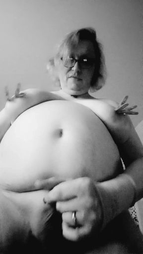 Tits out in ripped stockings  - Long Phone 1 on 1 in B&amp;W