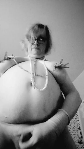 Tits out in ripped stockings  - Long Phone 1 on 1 in B&amp;W