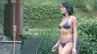 Stallion with tattooed body fucks Latina's pussy by the pool