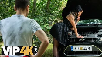 Busty mature brunette seduced by mechanic with a huge cock in the woods