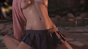 nighttime seduction – red bow unfastened, blue skirt lifted, secret nipples exposed under soft light