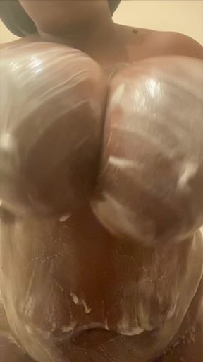 HUGE EBONY TITS Soap up for shower