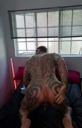 Inked Smoker Jerks Oiled PA Cock Gushing Cum Explosion