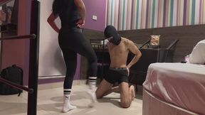 Ebony girl kicks the white boy's balls
