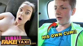 OMG 19 year old guy nearly spunks in his OWN MOUTH - Female Fake Taxi