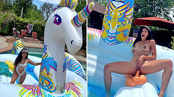 Busty Hot Brunette Harley Haze Masturbates On Giant Unicorn Float