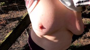 Plump naked udders slapped near the fence