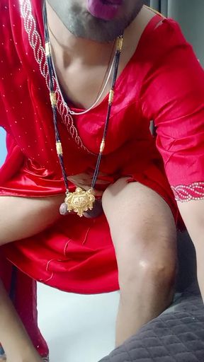 Indian sissy wearing sexy hot stepmom red saree in karwachauth