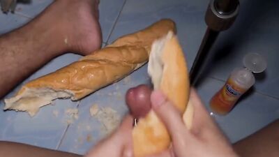 Thai guy jerk off with bread.