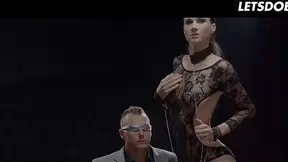 Blindfolded man gets fingers played with in a alluring suit