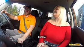 British MILF with huge boobs fucks her driving instructor in fake driving school POV