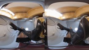 3DVR180CC knee-length boots in POV style trample on a human-shaped carpet