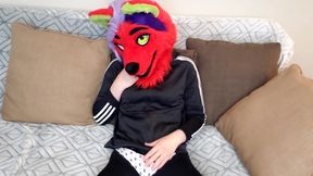 Furry vixen masturbates in fursuit with big cock dripping cumshot