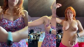 redhead woman in pretty dress showing her muscles and tits, how strong is she and how she can boxing topless