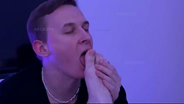 Blue-Eyes Handsome Gay Licking my Feet while I Jerk Off my Fat Cock
