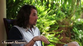SWEET SINNER - Boiling Hot Brunette Rides The New Neighbor's Cock Outside In The Garden