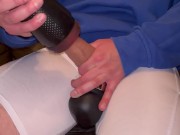 Trying out MASSAGE GUN on my UNCUT BIG DICK ** BALL WEIGHTS ON **