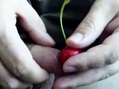 Uncut cock cumming twice on a cherry