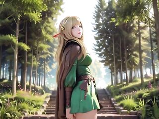 Forest Elf's Intimate Dream! Green off-shoulder Outfit, Kneeling and Arching Haunches Against a Stark White Backdrop.