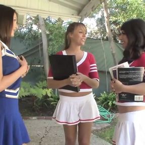 Fake boobs lesbian cheerleaders end up having a hot threesome with their tongues twirling around