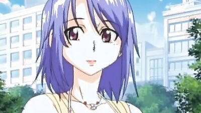 Sexy anime babe with massive tits and blue hair gets drilled hard with a dildo