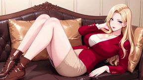 ai- blonde ceo in red suit! lazy secrets on the leather sofa, she s giving you those eyes...