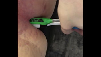 ldotsea jerks off big white cock and shoves toothbrush in shaved tight asshole two at once hot new