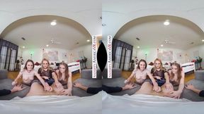 Hot brunettes and blonde share cock in campus POV