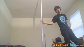 Pole dance show and jerk off with horny young straight stud