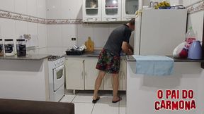 Naked cougar alone in the kitchen