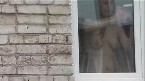 Naked in public. Nude. Outdoor. Outside. Husband Sexy Frina is spying on her from car window when she washes apartment window no panties and bra.