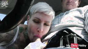 Inked Bitch Swallows Cum After A BJ In The Car - Free Porn Video