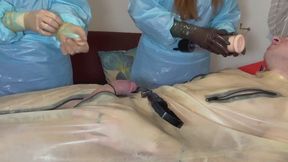 PUMPING PATIENT'S COCK with Nurse Nastya and Nurse Camille, wearing full PPE and LATEX GLOVES