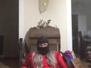 Yoga resistance band wearing red spandex and wig (Sexual Edition)