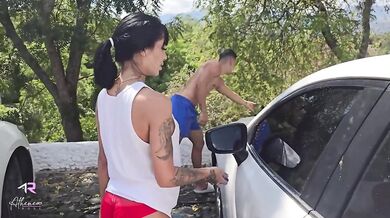 Big Cock Destroys Colombian in Public Car Wash Cumshot Pound