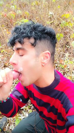Taking friends cum on face in the park - sucking cock outdoor