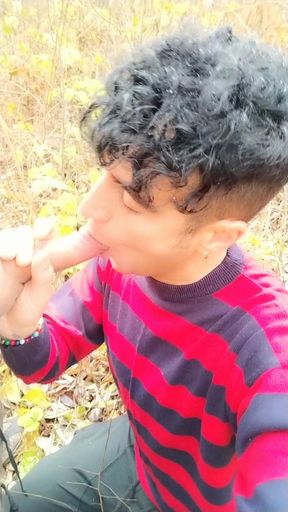 Taking friends cum on face in the park - sucking cock outdoor