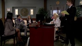 intense board meeting leads to a wild table top gang bang with audrey bitoni and frends!