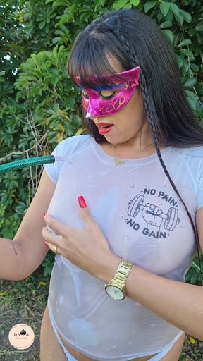 Whore Wife Taking a Hose Shower