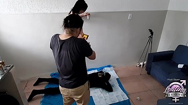 Behind the scenes with a group of shemales trampling and cumming on a masked dude
