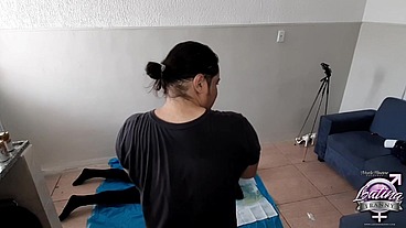 Behind the scenes with a group of shemales trampling and cumming on a masked dude