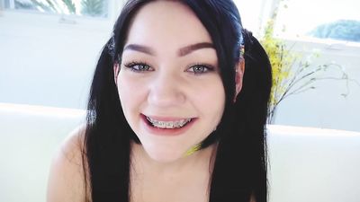 Karly Baker brushes her braced teeth with sperm jerking and wanking a large dick into her mouth