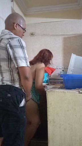 Iconic moment from &quot;Maid fucked when she washes dishes by the boss, her wife almost discovers us&quot;