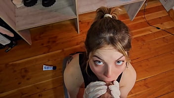 Sloppy blowjob and cum on latex gloves fetish